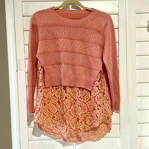 Peach Coral Round,Crew Neck Layered Rose Lace Pullover Sezane Sweater